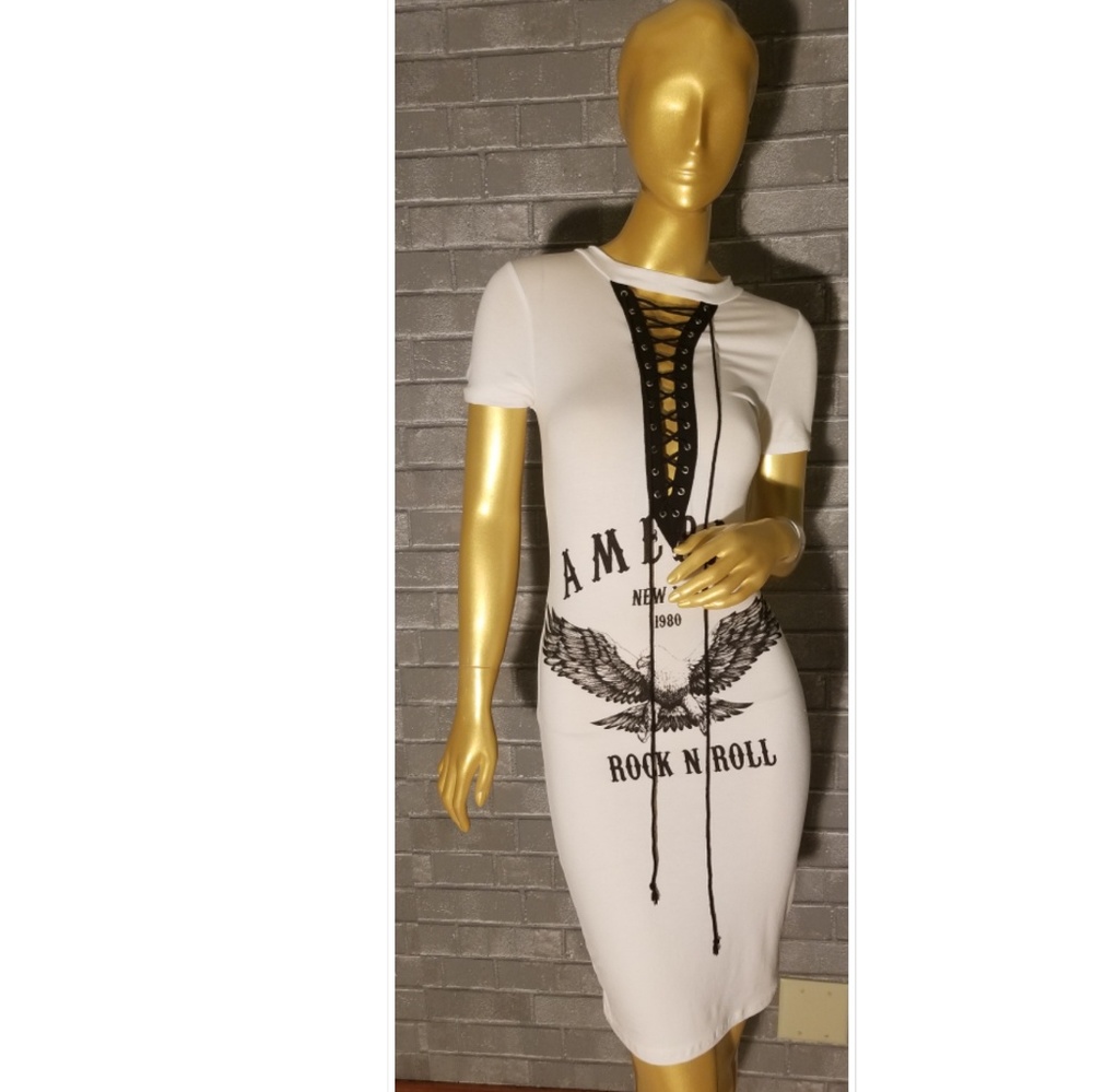 White graphic lace up dress